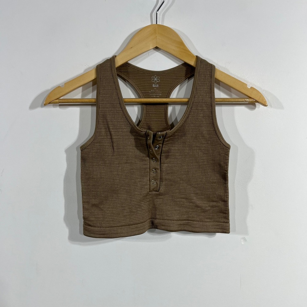 Aura Sporty Granoal Waffle Knit Henley Crop Tank Top‎ Brown Seamless Thermal M/L